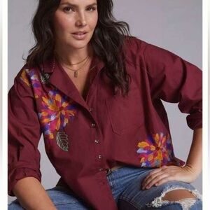 Maeve Burgundy Shirt with Pink Embroidery
